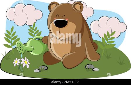 cute teddy bear watering flowers from a yellow watering can Stock Vector