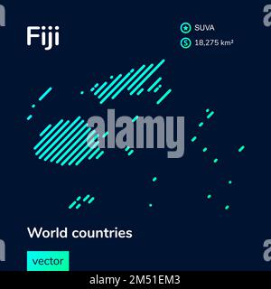Vector creative digital neon flat line art abstract simple map of Fiji with green, mint, turquoise striped texture on dark blue background. Educationa Stock Vector