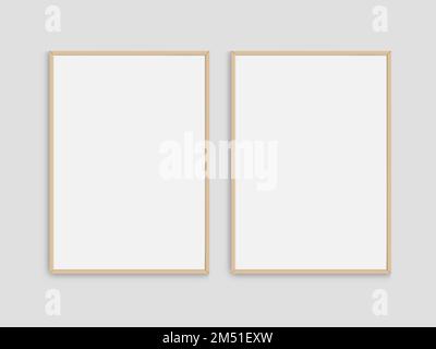 Set of 2 realistic photo frames mockup. Portrait large a3, a4 wooden frame mockup on white blank wall. Simple, clean, modern poster frame mockup Stock Photo