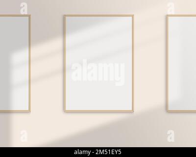 Realistic photo frames mockup. Portrait large a3, a4 wooden frame mockup on the wall with light window shadow overlay effect. Simple frame mockup Stock Photo