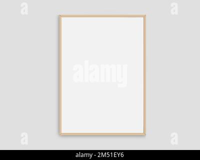 Realistic photo frame mockup. Portrait large a3, a4 wooden frame mockup on white blank wall. Simple, clean, modern, minimal vertical poster frame Stock Photo