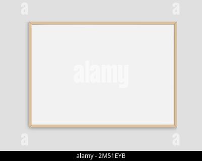 Realistic photo frame mockup. Landscape large a3, a4 wooden frame mockup on white blank wall. Simple, clean, modern, minimal poster frame horizontal Stock Photo
