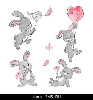 Set of cute cartoon baby rabbits. Vector watercolor bunny illustration. Stock Vector