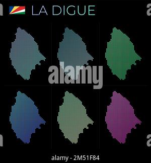 La Digue dotted map set. Map of La Digue in dotted style. Borders of the island filled with beautiful smooth gradient circles. Stock Vector
