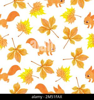 Seamless autumn pattern with cute squirrels and leaves. Vector autumn illustration. Stock Vector