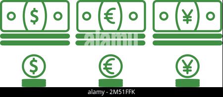 Vector illustration of money currency dollar, euro, symbol of Chinese yuan coin banknotes. Stock Vector
