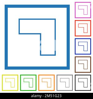 Top right 90 degrees angle arrow outline flat color icons in square frames on white background Stock Vector