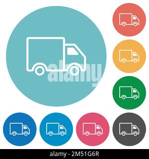 Delivery truck side view outline flat white icons on round color backgrounds Stock Vector