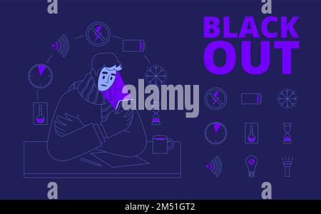 blackout concept and icons set in linear style on dark background. Vector illustration Stock Vector