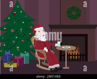 santa claus sitting in front of the chimney, drinking milk, eating cookies, near christmas tree with gifts at Chtistmas night Stock Vector