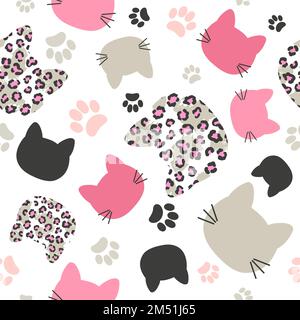 Seamless vector pattern with cats heads and leopard print for kids Stock Vector