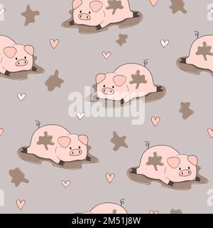Seamless pattern with cute cartoon pigs in mud. Stock Vector