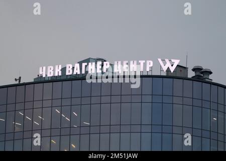 Saint Petersburg, Russia. 24th Dec, 2022. The PMC (Private Military Company) Wagner Center logo seen on a new building. PMC Wagner Center began its work in St. Petersburg. In fact, a large office building, in which they promise to provide free space for the media, bloggers, developers of military technologies, organizations for patriotic education and military training. The project is overseen by the notorious Wagner PMC (despite the fact that there are no legitimate PMCs in Russia) and businessman Yevgeny Prigozhin. (Credit Image: © Maksim Konstantinov/SOPA Images via ZUMA Press Wire) Stock Photo