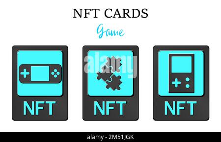 3D NFT token cards in cryptography. NFT cards with game. A non-fungible token with information from the blockchain. ERC20. vector eps 10 Stock Vector