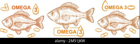 Fish oil Omega 3 vitamin pill capsule, seafood, medical  fatty acid tablet, diet sea food supplement line icon set. Fat meat. Healthy nutrition vector Stock Vector