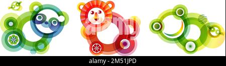 Set of cute animals in design composition with circle and animal head Stock Vector