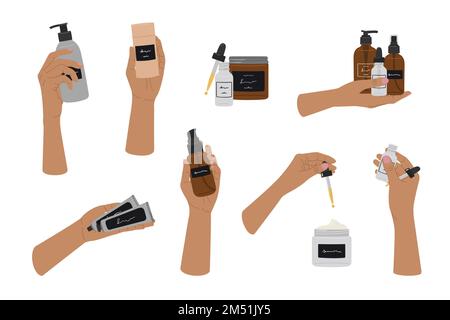 Set of diversity female hands hold natural organic cosmetic products in bottles, jars for skincare. Cleanser, tonner, serum, oil, cream product. Hand Stock Vector