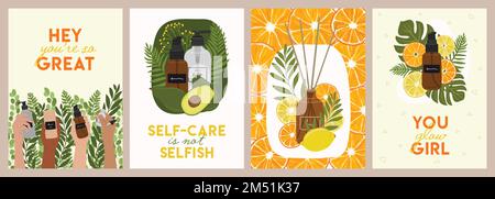 Set of naturel cosmetics cards with organic products, zero waste packaging, female hands and lettering. Beauty prints for wall decor, greeting cards. Stock Vector