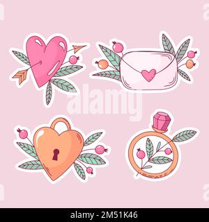 valentines day sticker set heart lock heart with arrow envelope and gemstone ring Stock Vector