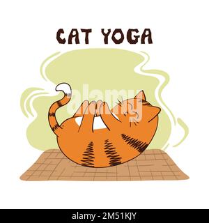 Cartoon funny yoga cat vector illustration. Yoga for kids. Stock Vector