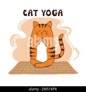 Cartoon funny yoga cat vector illustration. Yoga for kids. Stock Vector