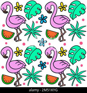 Hand drawn cute flamingo with tropical objects doodle illustration seamless pattern. Can be used for kids apparel, fabric, nursery decoration, wrappin Stock Vector