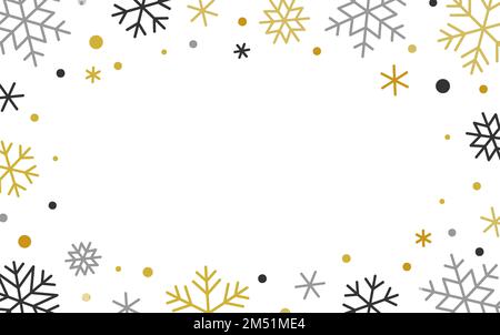 Snowflake winter linear border. Ornate frame with copy space, falling frosty snow flakes on white. Snowy confetti for Xmas card, banner flyer, party event invitation, gift certificate coupon voucher Stock Vector
