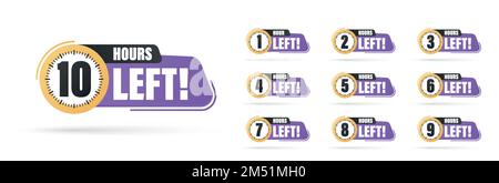 Countdown 0, 1, 2, 3, 4, 5, 6, 7, 8, 9, 10 hours left label or emblem set. Hours left counter icon with hour glass promotion, promo offer. Flat badge Stock Vector