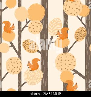 Seamless vector abstract autumn forest pattern with squirrels and trees. Stock Vector