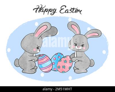 Easter card with cute watercolor bunnies. Vector poster with rabbits and eggs. Stock Vector