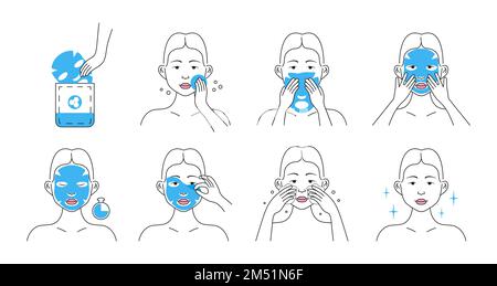 Facial mask sheet applying icon vector. Face skincare, treatment, spa procedure relaxation. Girl shows how to cleaning, whiting face and use cosmetic Stock Vector