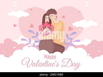 flat illustration with lovers on the background of clouds and hearts and text happy valentines day Stock Vector