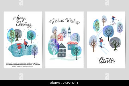 Merry Christmas card set with watercolor winter landscapes. Vector illustration. Stock Vector