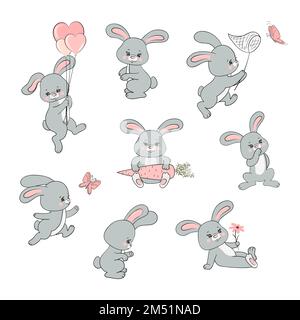 Set of cute cartoon baby rabbits. Vector bunny illustration. Stock Vector