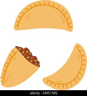 Empanadas in cartoon flat style. Hand drawn vector illustration of traditional Latino America food, folk cuisine. Stock Vector
