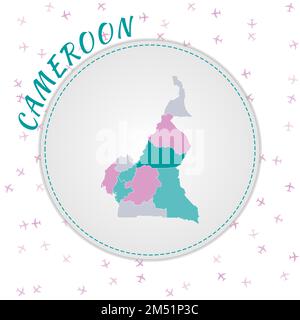 Cameroon map design. Map of the country with regions in emerald-amethyst color palette. Rounded travel to Cameroon poster with country name and airpla Stock Vector