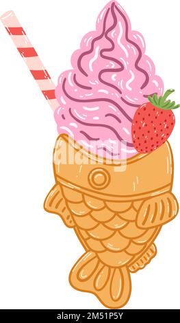 Taiyaki fish-shaped ice cream cone in cartoon flat style. Hand drawn vector illustration of traditional Japanese food, sweet, dessert Stock Vector