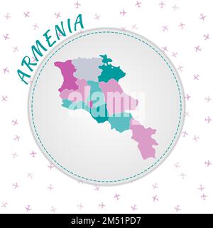 Armenia map design. Map of the country with regions in emerald-amethyst color palette. Rounded travel to Armenia poster with country name and airplane Stock Vector