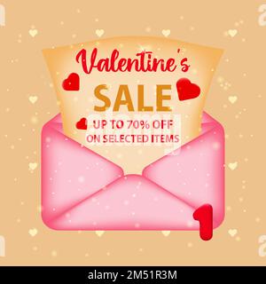 Discount promotional background for Valentine's Day. A poster with a new email message with discounts on selected items. Concept of promoting purchase Stock Vector