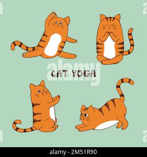 Gymnastics and Health. Set Cartoon Funny Cats Icons Doing Yoga