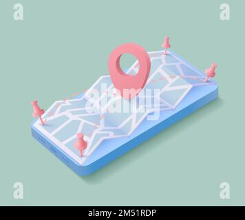 Location map in realistic style on green background. Realistic smartphone mockup. 3d vector illustration. Stock Vector