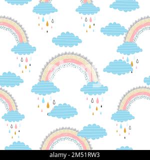 Seamless pattern with rainbows and clouds for kids design. Stock Vector