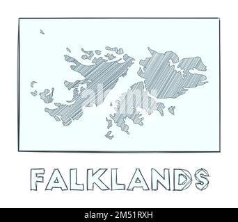 Sketch map of Falklands. Grayscale hand drawn map of the country. Filled regions with hachure stripes. Vector illustration. Stock Vector