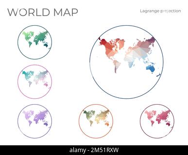 Low Poly World Map Set. Lagrange conformal projection. Collection of the world maps in geometric style. Vector illustration. Stock Vector