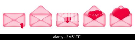 Set of cartoon pink postal envelopes 3d. Icons for email, new message, envelopes with hearts. Love letter concept. Vector illustration. Stock Vector