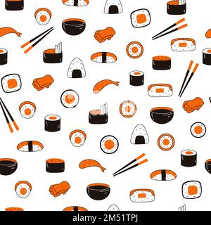 Seamless pattern with sushi, soy sauce, ginger, wasabi, chopsticks in doodle style. Hand drawn background of Japanese traditional cuisine Stock Vector