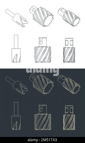 Stylized vector illustrations of isometric blueprints of different annular cutters Stock Vector
