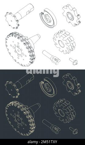 Stylized vector illustrations of isometric blueprints of different milling cutters Stock Vector