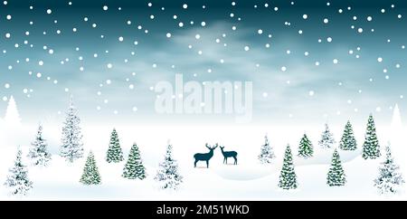 Snow-covered forest, firs, and trees. Wild deer. Snowfall. Snow, snowflakes. Winter scene. Stock Vector