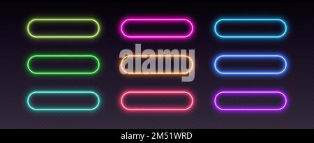 Neon button frames, gradient glowing borders, isolated UI elements. Futuristic rounded action buttons. Stock Vector